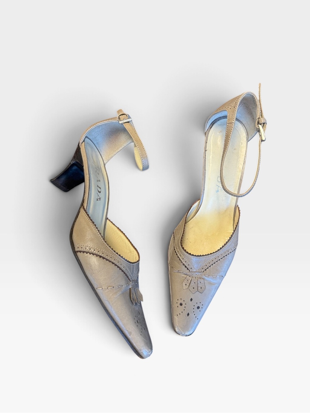 Vintage Prada Leather Brogue Pointed Toe Ankle Strap Kitten Heel Pumps EU 36.5